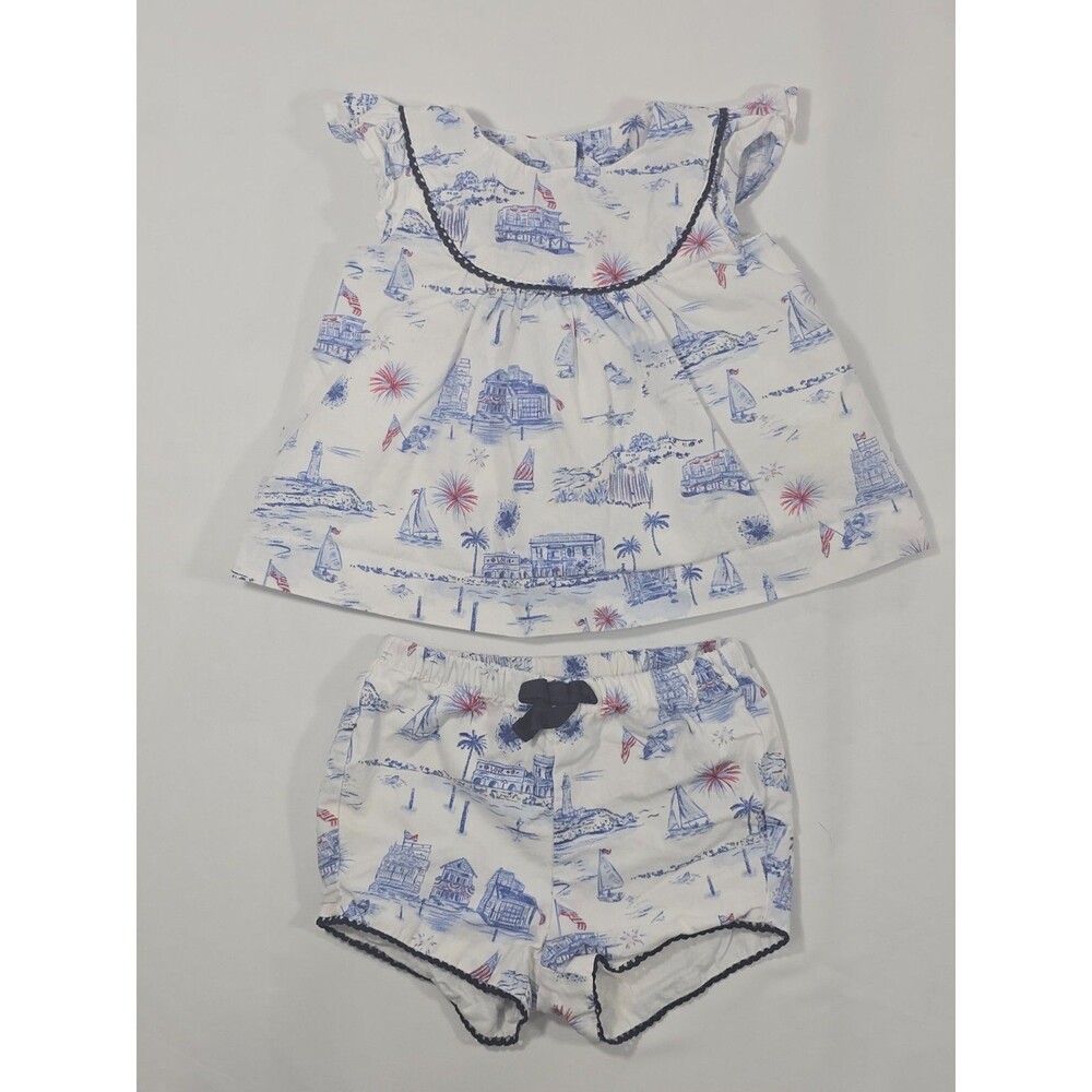 Janie and Jack Short Set Girls Size 0/3 months Patriotic Americana Toile 0 to 3